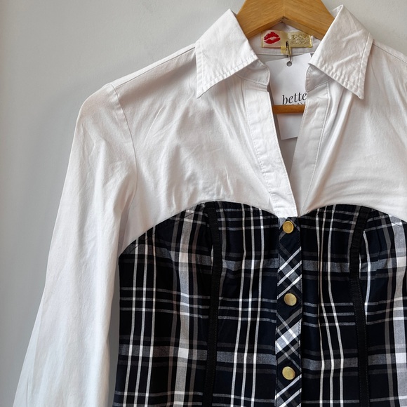 SOLD Vintage Black Plaid Corset White Collared Shirt - Picture 5 of 11